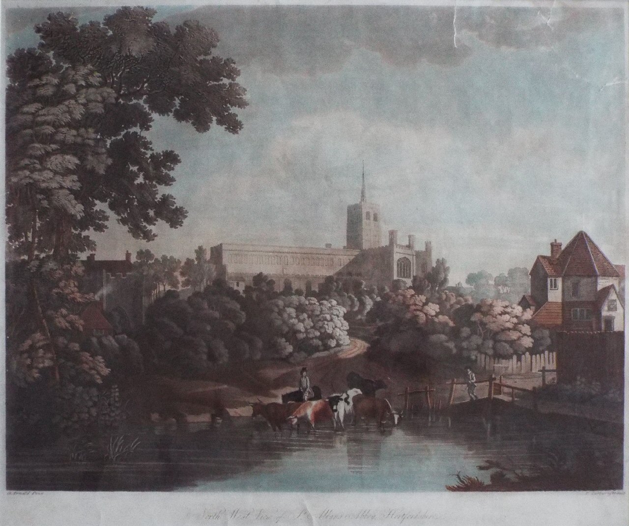 Aquatint - North West View of St. Albans Abbey, Hertfordshire. - Cartwright
